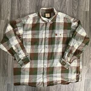 Ducks Unlimited 3XL Brown Green Plaid Cotton Flannel Button Up Shirt